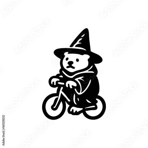 Black and white illustration of a bear wearing a witch's hat and riding a tricycle