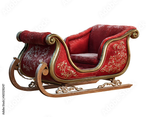  Classic Red Christmas Sleigh with Gold Trim and Plush Cushion Seat, Side View, Isolated on Transparent Background.png