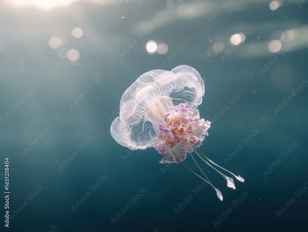 Obraz premium Transparent jellyfish floating in deep blue open ocean water with sunlight filte through