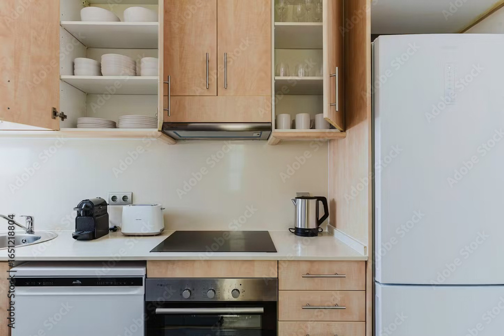 Fototapeta premium Modern luxury kitchen interior in minimal scandinavian style, 3d render