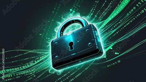 Digital Fortress: A futuristic depiction of a secured digital realm, highlighted by a glowing padlock, symbolizing robust data protection and cyber defense in a dynamic online environment.