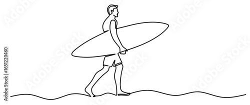 Continuous line art of a man carrying a surfboard on the beach this icon is isolated with a transparent background