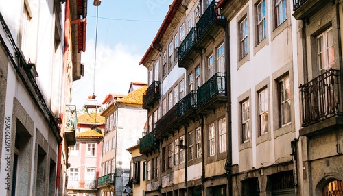 Narrow city street lined with historic buildings.