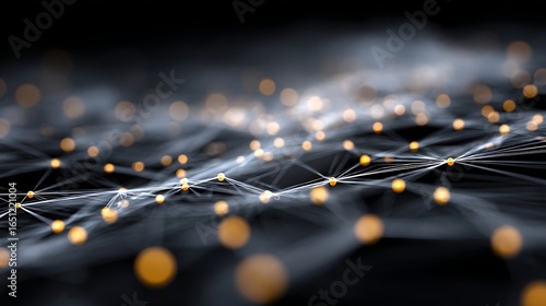 A network of interconnected lines and dots on a dark background, with a few golden dots scattered throughout. 