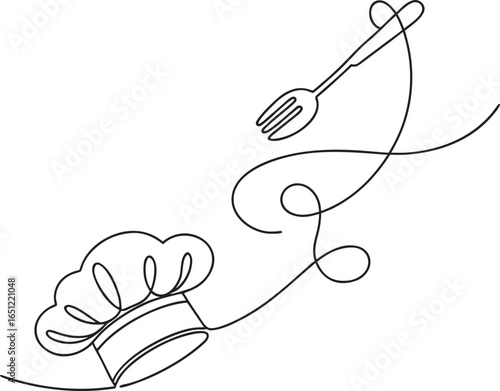 Vector art of chef hat and fork isolated on white background