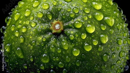 A vibrant lime with water droplets on it, set against a black background, highlighting its green hue and texture.
