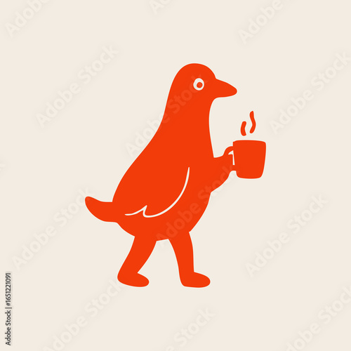 Simple red bird graphic holding a steaming mug of coffee