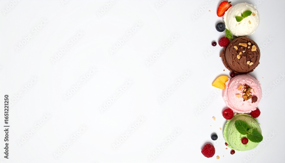 Fototapeta premium ice cream scoops of different colors and flavours with berries, sprinkles and fruits 