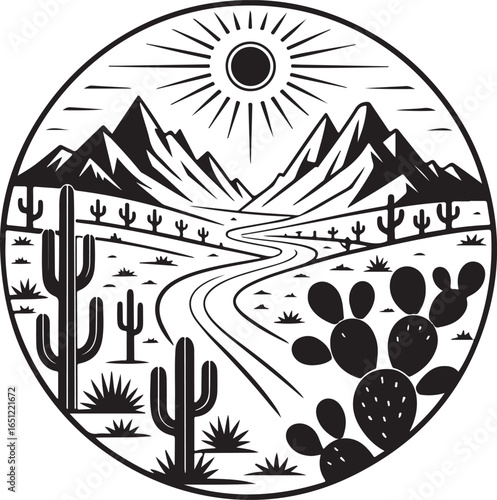 A stylized black and white illustration depicting a serene desert landscape with a winding road, towering saguaro cacti, and a blazing sun, all in a classic woodcut or engraving art style.