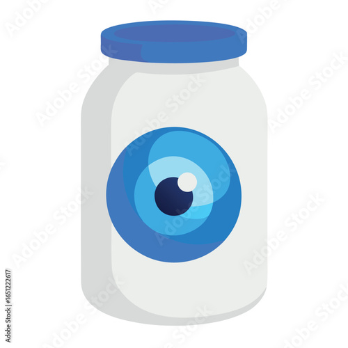 Creepy halloween eyeball floating in a milky white glass jar with a vintage aesthetic