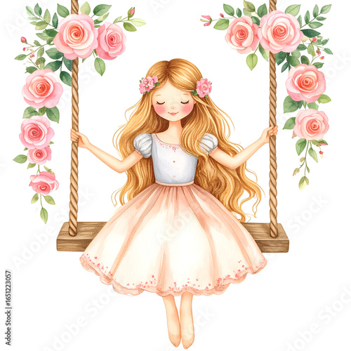 Watercolor Blossom Swing: A charming illustration features a young girl swinging on a floral-adorned swing, enveloped by the sweetness of blooming flowers and the magic of a spring day. 