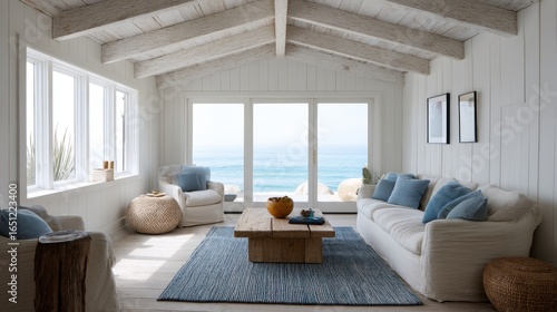 Ocean View Living Room with Sliding Doors and Beachy Style
