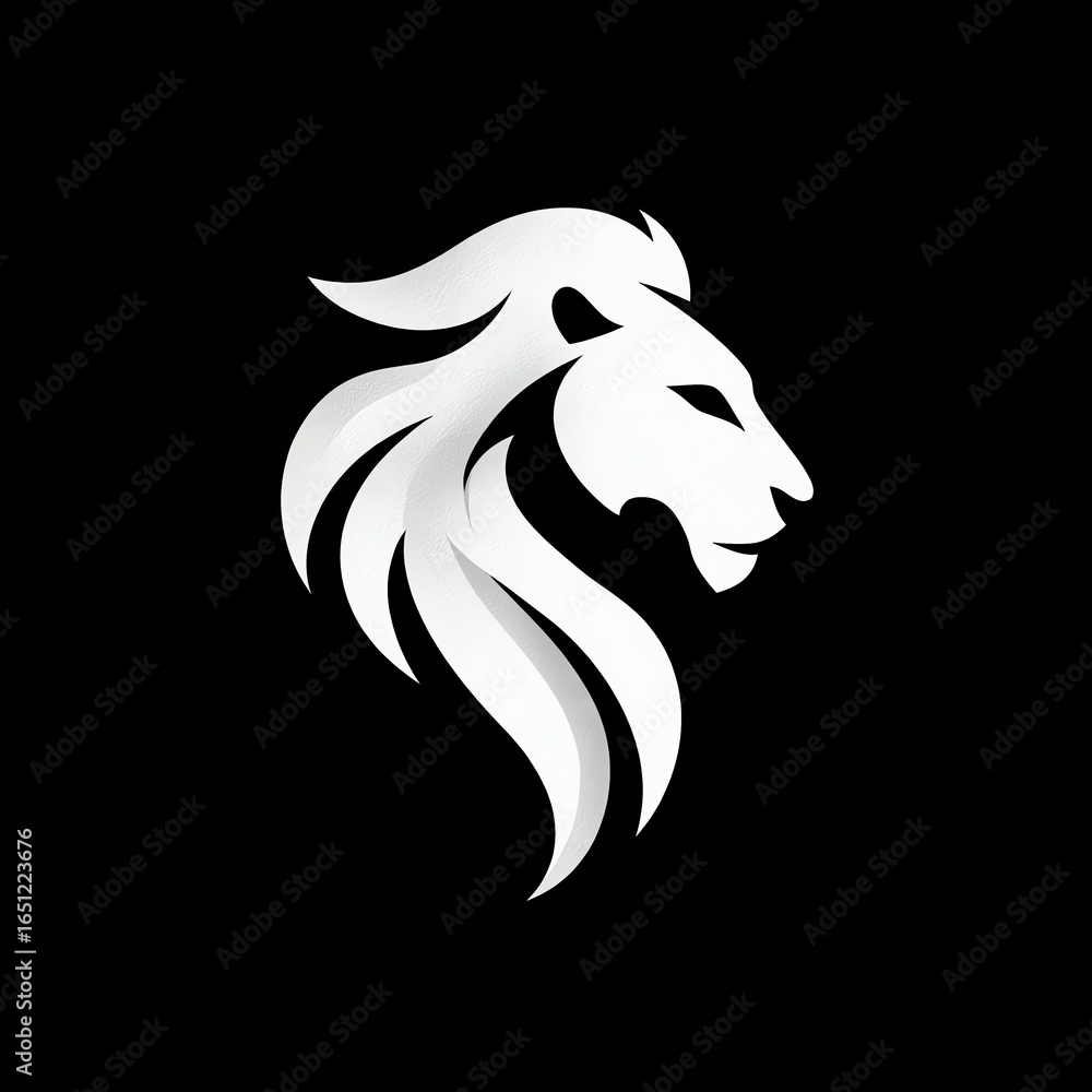 Fototapeta premium minimalist white lion logo design with stylized flowing mane blending into negative space, clean high-end branding mark