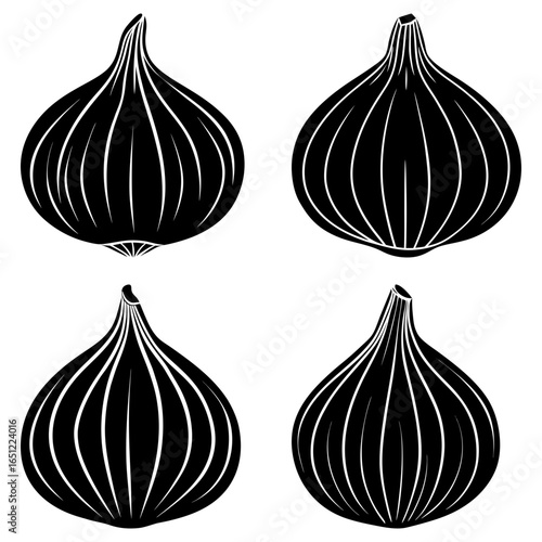 Four stylized black and white figs arranged in a square pattern on a white background image design