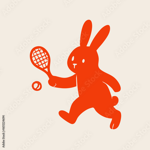 A stylized, orange-red rabbit holding a tennis racket and ball