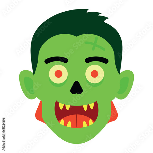 Pale green zombie face with scars a spooky halloween illustration