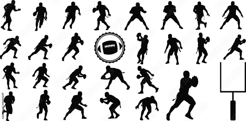 Naklejka premium Collection of American football player silhouettes in action poses, vector sports design with ball emblem, running, passing, goalpost illustration for graphic use