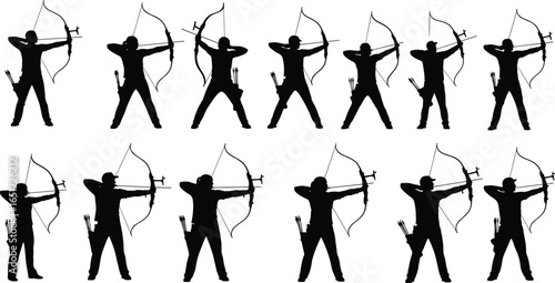 Archery silhouettes set, male and female archers drawing bows, sport shooting vector clipart, archery competition figures, bow and arrow silhouettes collection