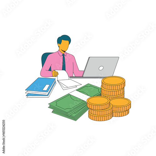 Man at desk with laptop stacks of money and coins and papers cash