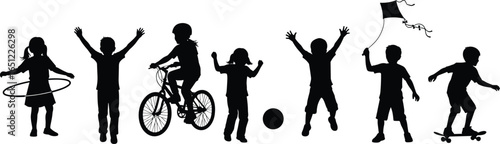 Children playing outdoors silhouette set – vector of kids biking, flying kite, hula hoop, jumping, skating