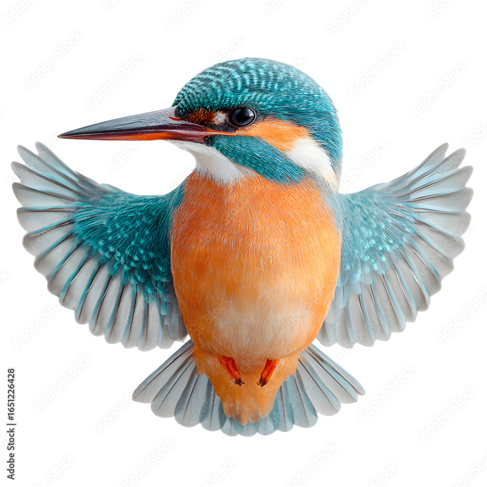 Obraz premium Vibrant Kingfisher with Outspread Wings Against White Background