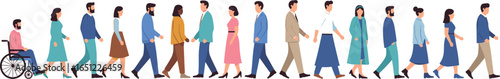Diverse group of walking people vector illustration including men, women, and person in wheelchair, suitable for accessibility, urban life, and community designs