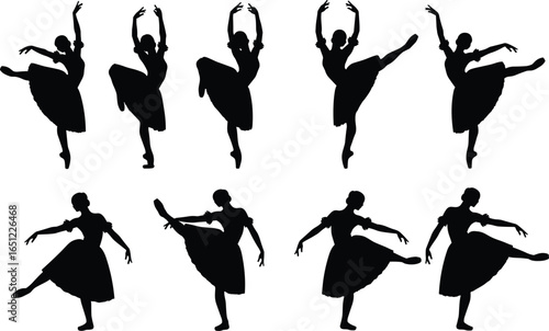 Elegant ballet dancer silhouettes in various graceful poses, perfect for dance, performance, art, fitness, and creative design projects