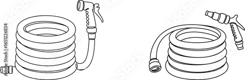 Vector Line Drawing of Garden Water Hoses with Spray Nozzles, Coiled Irrigation Equipment for Outdoor Gardening, Landscaping, and Lawn Care
