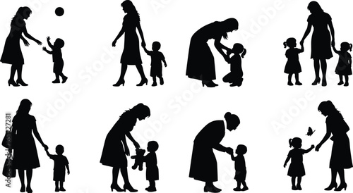 Mother and child silhouette vector set, parenting, walking, playing, caring moments, happy family lifestyle illustration for motherhood, childhood, or maternal concept design