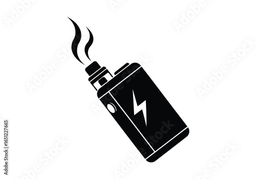 Vector illustration of black silhouette of an electronic cigarette vaporizer with steam coming out, isolated on white background, symbolizing vaping and electronic smoking technology