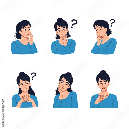 Six different expressions of a young woman showing confusion curiosity and thoughtfulness