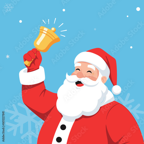 Santa claus happily ringing a golden bell to celebrate the festive christmas holiday season