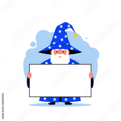 Enchanting wizard character holding a blank signboard for magical announcements and creative messaging
