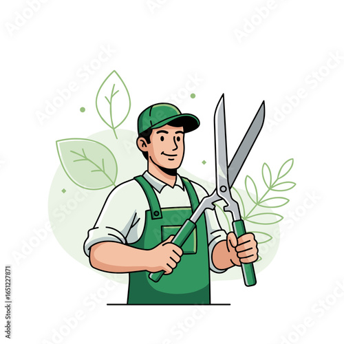 A friendly gardener holding large shears ready to trim plants and maintain outdoor greenery