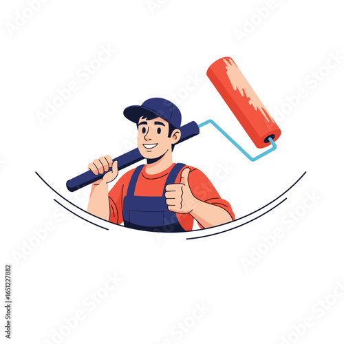 Skilled house painter with a roller giving a thumbs up showing dedication to quality home improvement services