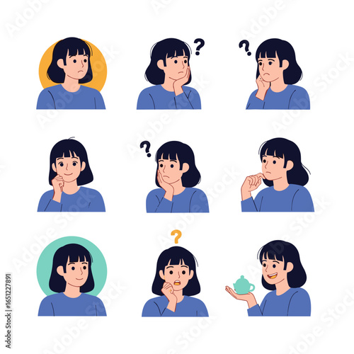 A collection of thoughtful expressions and curious ponderings from a young woman posing with various gestures and question marks
