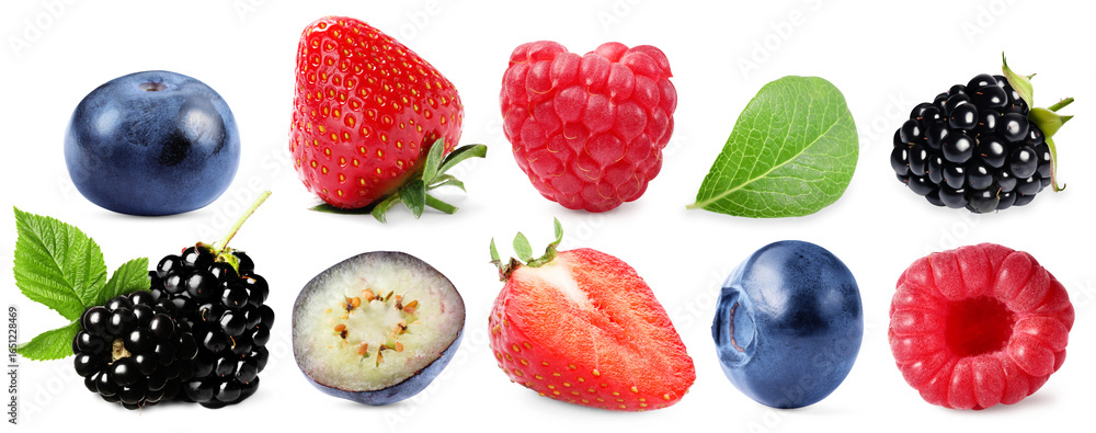 Various berries and green leaves isolated on white, set