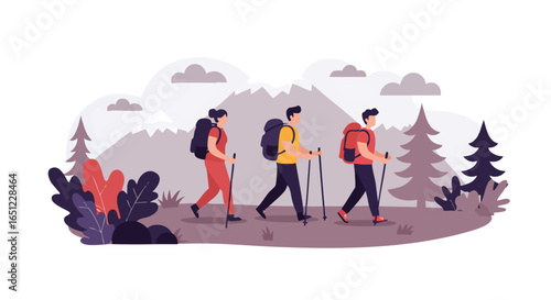 Three Young People Hiking and Trekking in the Mountains