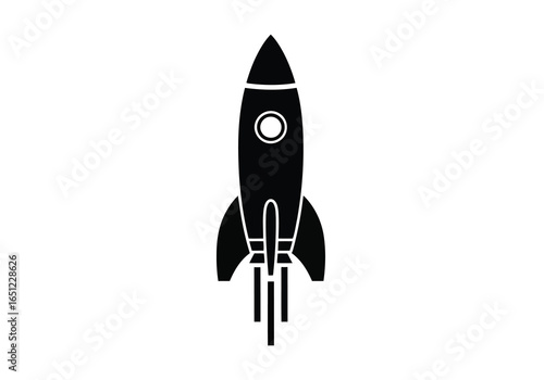 Vector illustration of black silhouette of a rocket ship blasting off, isolated on white background, symbolizing space exploration and technological advancement