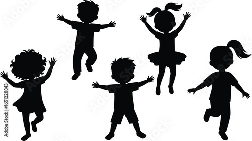Silhouettes of happy children jumping and playing, kids dancing, fun movement, cartoon vector illustration, active little boys and girls isolated design