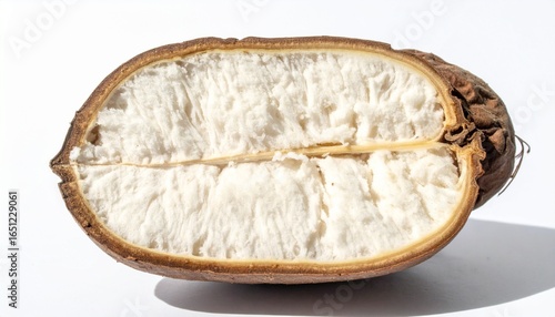 Baobab fruit (Adansonia digitata) on white background, pulp and powder, superfood 