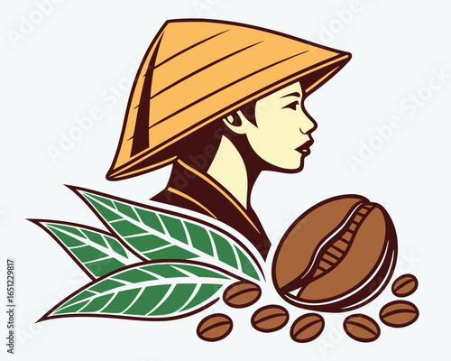 Vector art of woman with conical hat, coffee bean and leaves