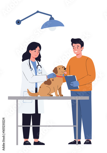 Veterinarian and Pet Owner with Dog in a Clinic Room