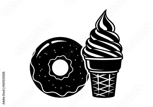 Vector graphic of a glazed donut and a soft-serve ice cream cone. A simple, iconic illustration of popular sweet treats, perfect for food design and menus.