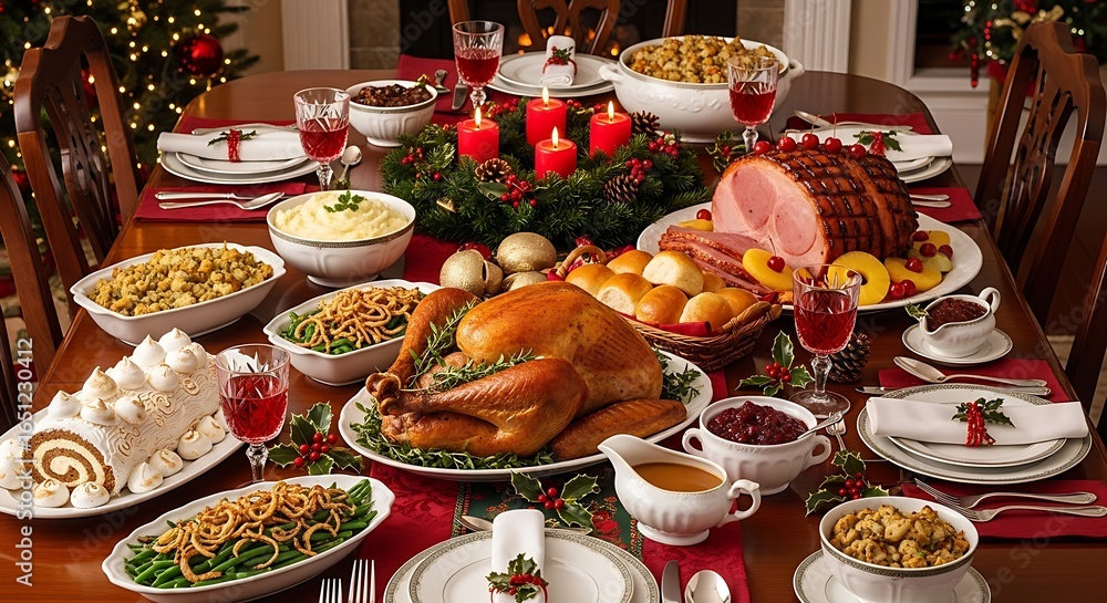 Fototapeta premium Festive Christmas Dinner Table Loaded with Turkey, Ham, and Side Dishes