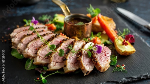 Grilled goose breast medallions sliced and arranged on dark slate plate with microgreens, purple edible flowers and gourmet vegetable accompaniments
