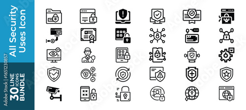 Bundle of 30 line icons for security and protection concepts, isolated on white background