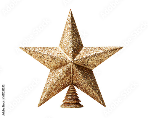 Golden Star Christmas Tree Topper with Glitter Finish, Front View, Isolated on Transparent Background.png