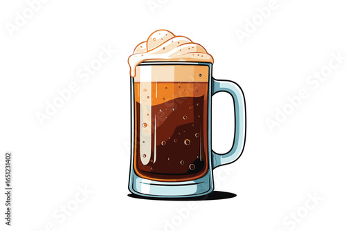 Big mug of beer with foam and bubbles. Design element for pub or bar decoration beer production, brewery, beer festivals. Hand drawn vector illustration isolated on white background.