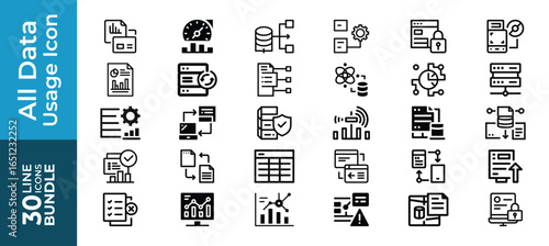 All data usage 30 line icons in a bundle, isolated on white background